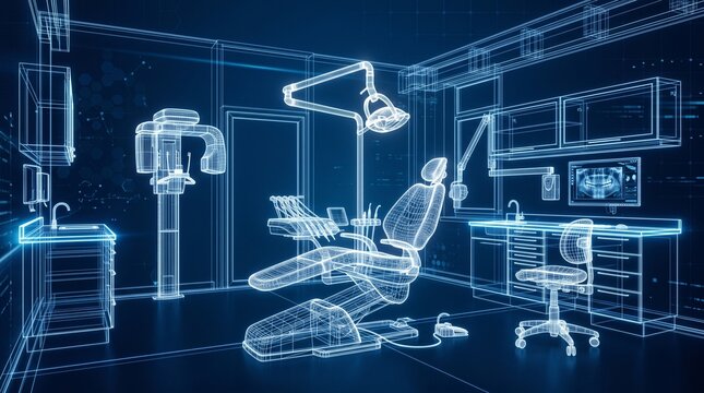 Futuristic dental clinic blueprint wireframe with advanced medical equipment and modern design layout