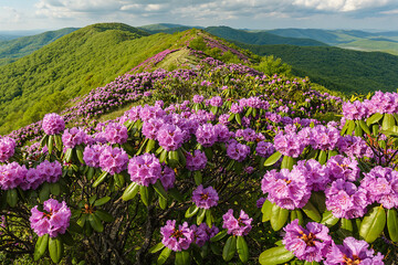 Fototapeta premium A wide-angle landscape photo of a mountain ridge covered in blooming pink rhododendrons under a partly cloudy sky.