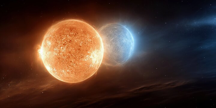 Two celestial suns with glowing nebula for science and fantasy concepts.


