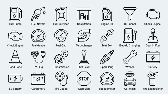 Automotive and car maintenance line icons set including fuel pump nozzle engine oil check engine light gauge tire pressure battery road cone and repair tools set.