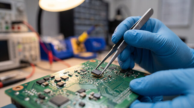 Hands testing a microchip on a circuit board &mdash; electronics engineering and semiconductor technology concept.