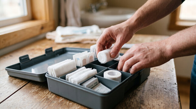 Hands organizing a first aid kit with bandages &mdash; emergency preparedness and medical safety concept.