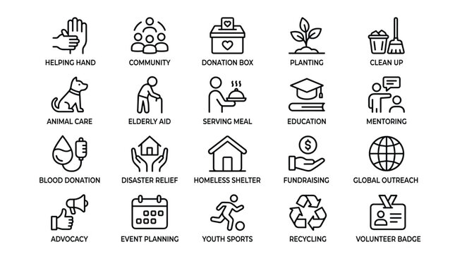 Community service and social volunteering line icons featuring helping hands donation boxes planting clean up education mentoring disaster relief and fundraising.