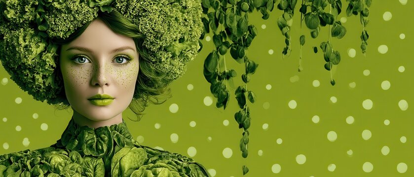 Ultra-wide conceptual portrait banner with a woman on one side with a lettuce wig and greens as a top, and a continuation of the bright green background with cascading leaves and light polka dots