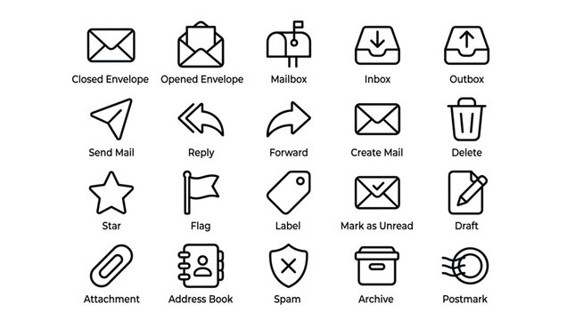 Email and communication flat line icons set featuring envelopes mailboxes inbox outbox send reply forward delete star flag label unread draft and attachments.