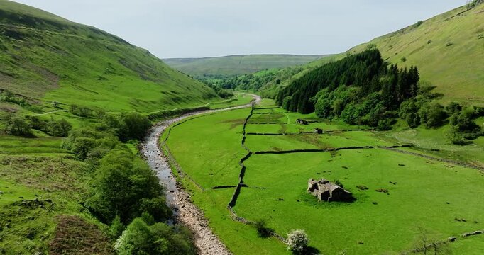 Flying over river Swale in Swaledale