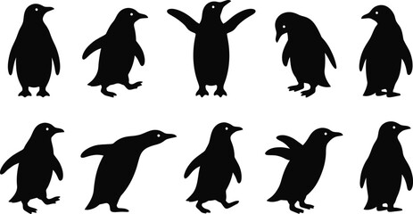 Penguin Silhouette Vector Bundle - 10 Different Cute Poses of Antarctic Birds Including Walking, Standing, and Flapping Wings, Graphic Design Elements Set © Rekha