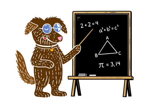 A dog teacher with a pointer at the blackboard. Back to school. Hand drawn. Not AI, vector illustration