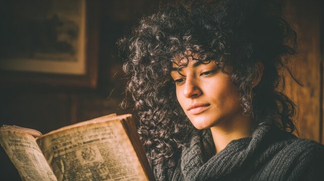 Young Hispanic woman with curly hair is reading an astrology book, immersed in metaphysical concepts, surrounded by a warm, rustic atmosphere, exploring spirituality and magic