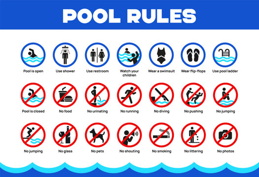 Swimming pool rules board with safety icons, warning signs and prohibition symbols on white background. Vector illustration