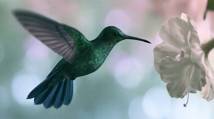 Fototapeta premium Hummingbird Hovering Near White Flower
