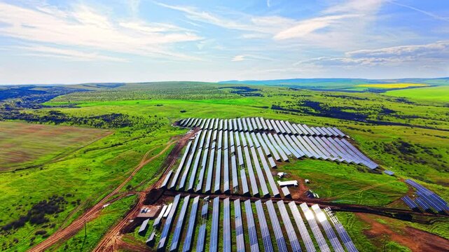 Elevated view of solar panel installation. Parallel rows of panels span green meadows with sunlight reflecting off glass surfaces.
