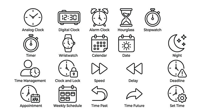 Time and date icons set, collection of outline symbols representing various aspects of time management, scheduling, and temporal concepts, including clocks, calendars, and deadlines.