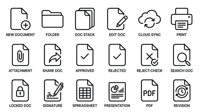 New document folder doc stack edit doc cloud sync print attachment share doc approved rejected reject check search doc locked doc signature spreadsheet presentation pdf revision icons vector set.