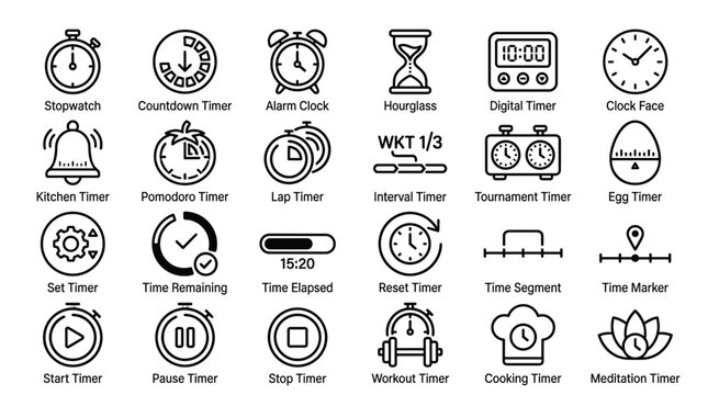 Timer and stopwatch icon set for cooking workout productivity time tracking countdown digital kitchen egg pomodoro tournament interval meditation meditation yoga.