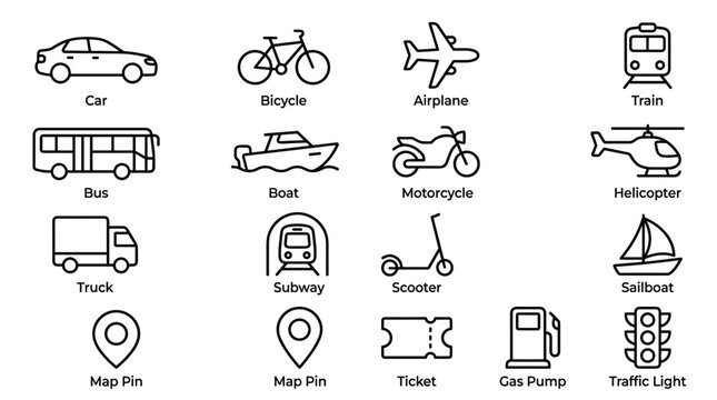 Transportation icon set for vehicle logistics travel car bicycle airplane train bus boat motorcycle helicopter truck subway scooter sailboat map pin ticket gas pump.