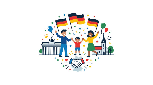 Happy family celebrating with German flags and cultural landmarks