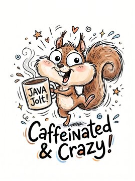 This adorable cartoon squirrel clutching a mug labeled 'Java Jolt' embodies the energetic and fun spirit of being 'Caffeinated & Crazy!'
