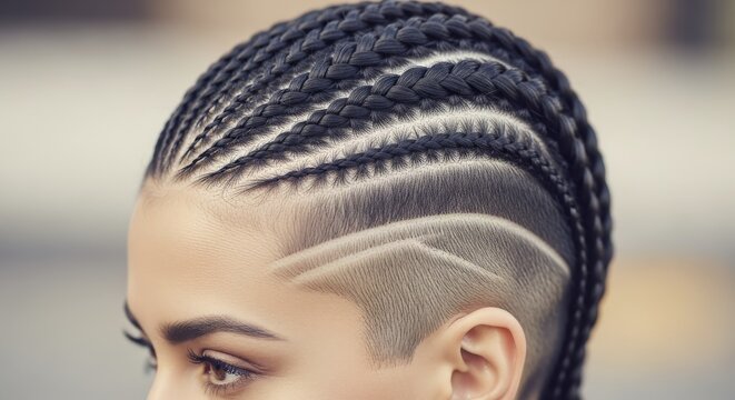 a detailed close-up shot of an intricate hairstyle featuring neat cornrow braids on top and a precise shaved undercut with geometric line designs on the side of the head