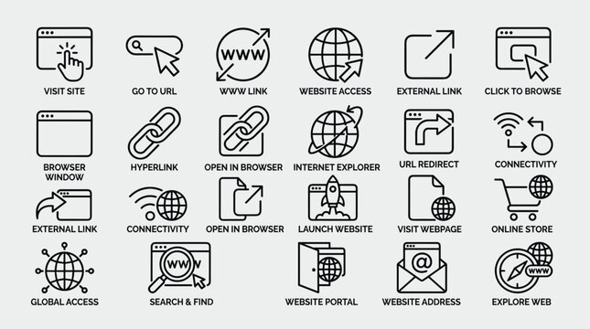 Web browsing and online connectivity line icons showing website access and url redirects and internet explorer and global access and search and find symbols.