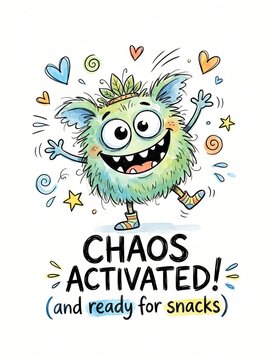 A cute and funny cartoon monster with a crown, activating chaos and ready for snacks, illustrated in a doodle sticker design style for kids