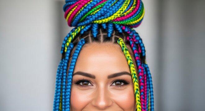 a close-up portrait of a smiling young woman showcasing a vibrant, multi-colored braided hairstyle tied up into a large high top knot bun against a soft, blurred background