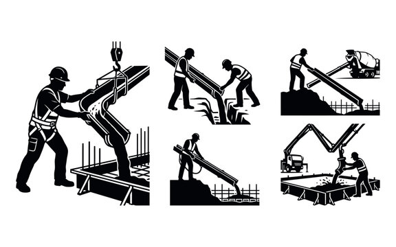 Construction workers pouring concrete with a chute vector illustration silhouette