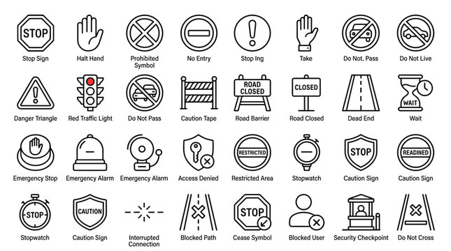 Road signs and safety icon set. stop sign, halt hand, no entry, danger triangle, red traffic light, road closed, dead end.