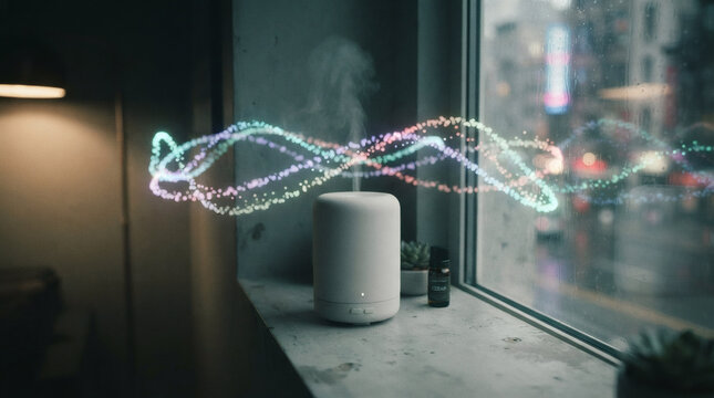 Minimalist conceptual image of a sleek matte white essential oil diffuser on a shelf. A smooth floating ribbon wave of glowing pastel light particles circles the steam, representing automated mist 