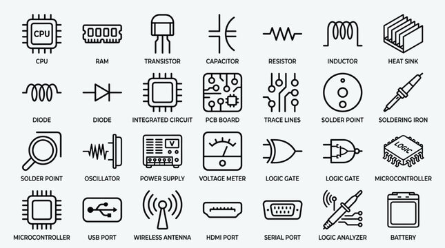 Set of electronic components and circuit icons, CPU, RAM, transistor