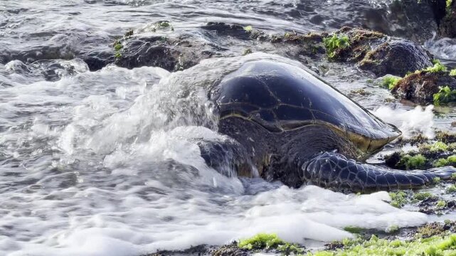 A green sea turtle (Chelonia mydas) is eating sea lettuce (Ulva lactuca). Laniakea Beach, Honolulu, North Shore of Oahu island, Hawaii. 