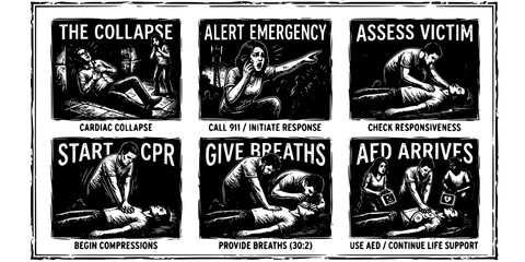 Fototapeta premium Cardiac Collapse Scraperboard Black White-Victim Fall Bystander Response Initiate-Emergency Vector-Collapse Icon Scraperboard-CPR Design Set