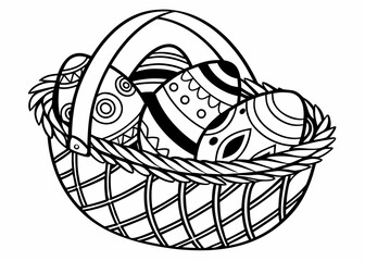 Fototapeta premium A basket or hamper full of painted Easter eggs in black and white outline