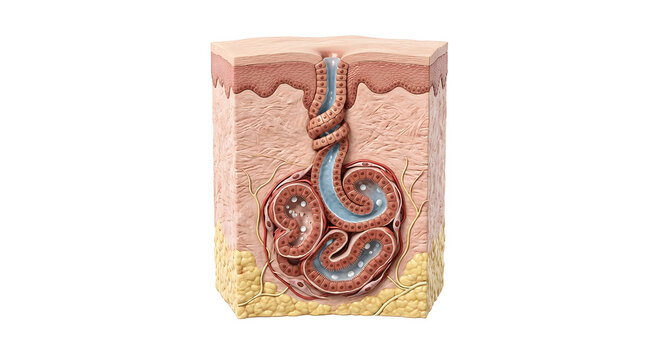 Detailed 3D Scientific Illustration of Human Eccrine Sweat Gland Anatomy in Skin Cross-Section
