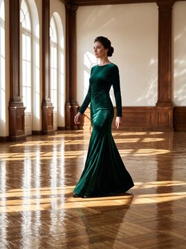 Emerald Velvet Model Crossing Sunlit Liquid Ballroom