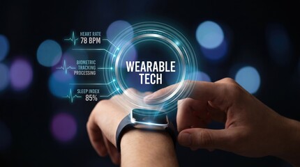 Obraz premium Hand interacts with smart wearable device showing biometric and health data on digital interface, highlighting innovation in personal wellness and future connectivity solutions