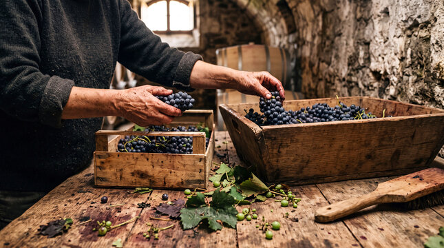 Hands sorting fresh dark grapes in a rustic wine cellar for traditional winemaking production process