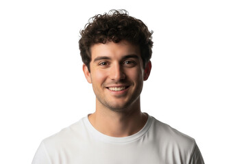 Fototapeta premium Young man with curly hair smiling at the camera wearing a simple white casual t-shirt
