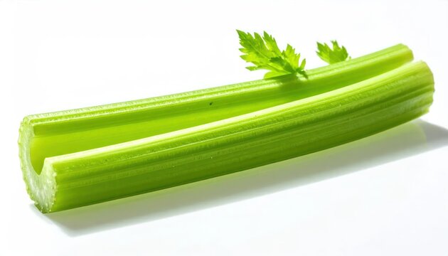 Crisp celery stalk with leaves isolated on white.