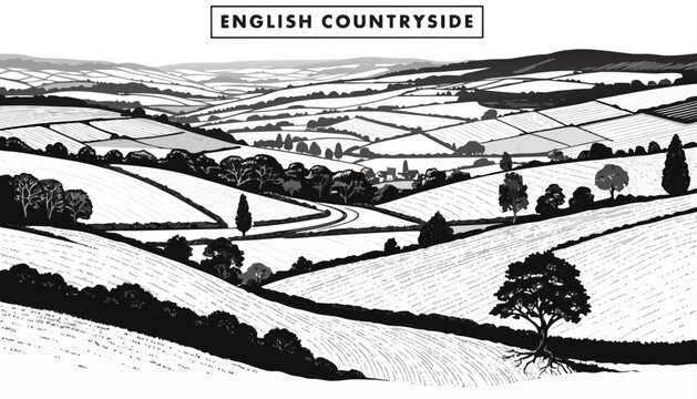 Very beautiful black and white realistic vector illustration of the English countryside featuring a bold label reading "ENGLISH COUNTRYSIDE", rolling hills, patchwork fields, winding country lane, sca