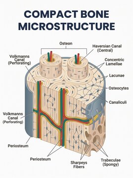 Compact bone microstructure educational illustration shows osteon lacunae Haversian canal