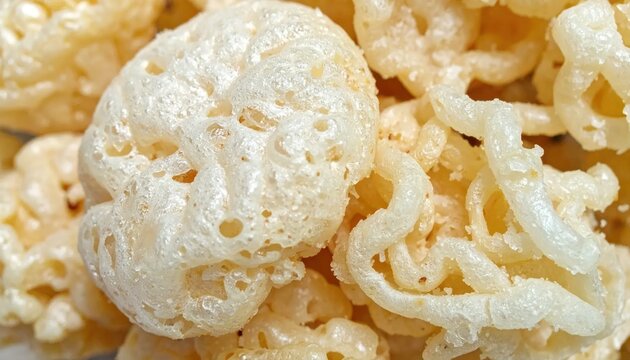 Crispy fried pork rinds or chicharron snacks close up.