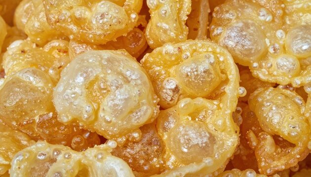 Crispy golden chicharrones pork rinds close up.