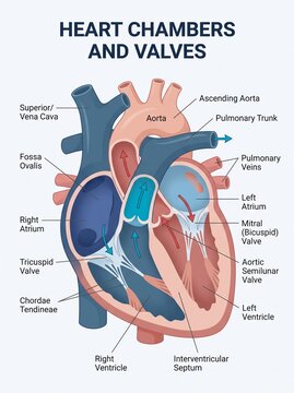 The human heart is shown with labeled chambers and valves in a medical illustration.