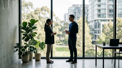 Fototapeta premium Two business professionals standing together discussing work in modern office space