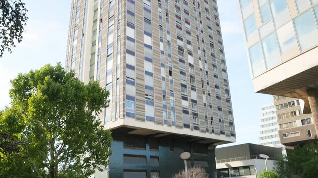 Tilt Down of Modernist 1970s High Rise Residential Skyscrapers at Front de Seine Beaugrenelle Paris