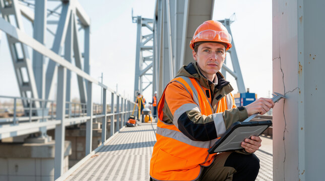 Male bridge engineer in safety gear inspecting a metal crack with a caliper and tablet. Professional construction worker evaluating infrastructure damage on a steel truss bridge