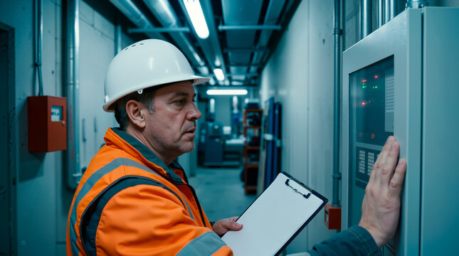 Male technician inspecting fire alarm control panel. Industrial worker in hard hat and high visibility vest checking electrical system. Copy space on clipboard