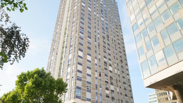 Tilt Up of Modernist 1970s High Rise Residential Skyscrapers at Front de Seine Beaugrenelle Paris