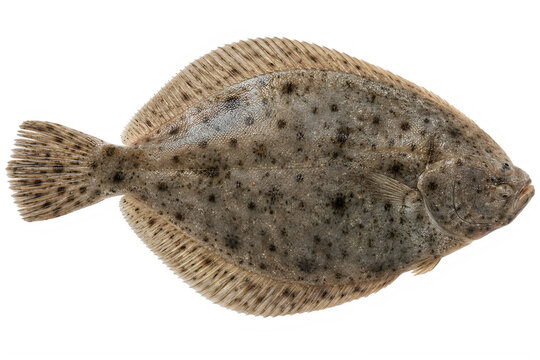Fresh turbot flatfish with spotted skin texture, raw whole saltwater fish for culinary use, organic seafood ingredient for gourmet cooking isolated on White Background ai